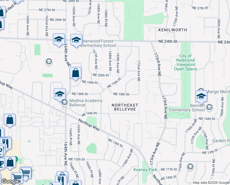 map of restaurants, bars, coffee shops, grocery stores, and more near 16840 Northeast 18th Street in Bellevue