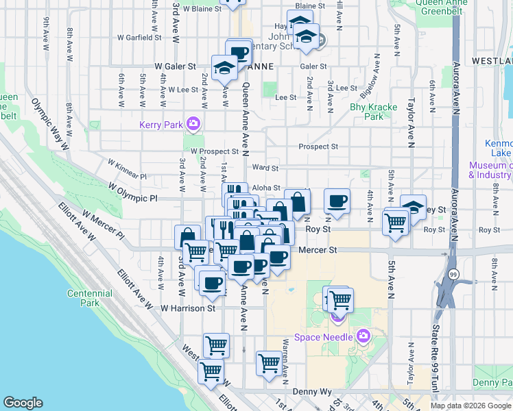 map of restaurants, bars, coffee shops, grocery stores, and more near 800 Queen Anne Avenue North in Seattle