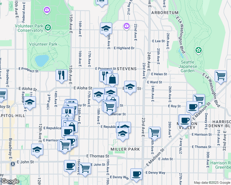 map of restaurants, bars, coffee shops, grocery stores, and more near 746 19th Avenue East in Seattle