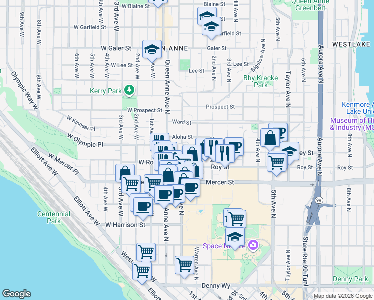 map of restaurants, bars, coffee shops, grocery stores, and more near 8 Valley Street in Seattle
