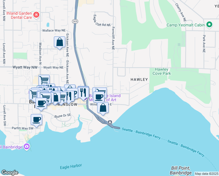 map of restaurants, bars, coffee shops, grocery stores, and more near 747 Hanami Lane Northeast in Bainbridge Island
