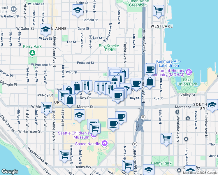 map of restaurants, bars, coffee shops, grocery stores, and more near 402 Valley Street in Seattle