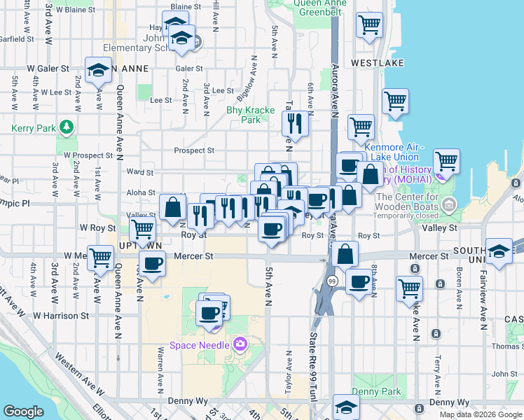 map of restaurants, bars, coffee shops, grocery stores, and more near 420 Valley Street in Seattle