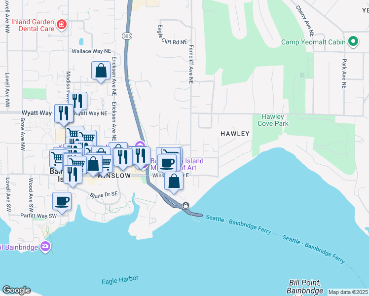map of restaurants, bars, coffee shops, grocery stores, and more near 259 Ferncliff Avenue Northeast in Bainbridge Island