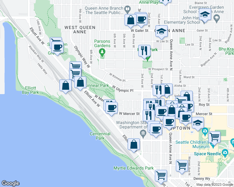 map of restaurants, bars, coffee shops, grocery stores, and more near 515 West Olympic Place in Seattle
