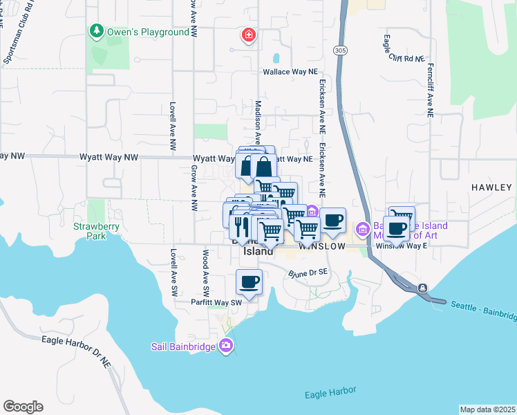 map of restaurants, bars, coffee shops, grocery stores, and more near 289 Madison Avenue North in Bainbridge Island