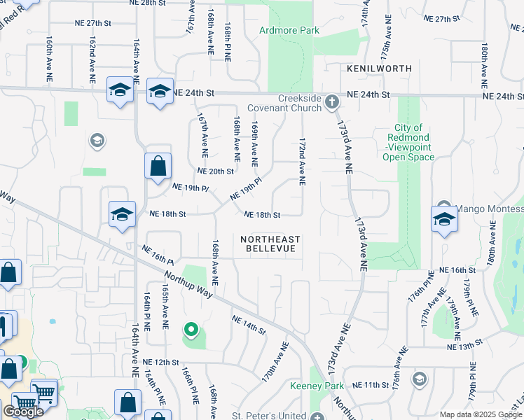 map of restaurants, bars, coffee shops, grocery stores, and more near 16862 Northeast 18th Street in Bellevue