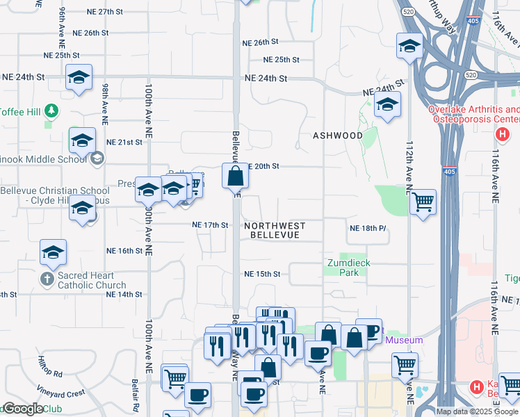 map of restaurants, bars, coffee shops, grocery stores, and more near 1748 Bellevue Way Northeast in Bellevue