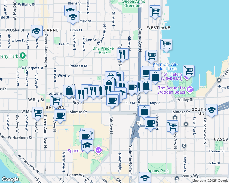 map of restaurants, bars, coffee shops, grocery stores, and more near 802 5th Avenue North in Seattle