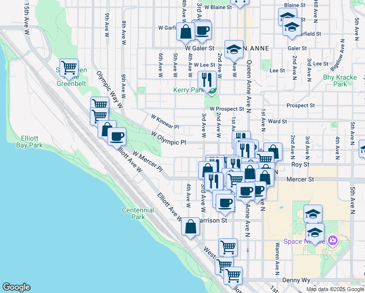 map of restaurants, bars, coffee shops, grocery stores, and more near 341 West Olympic Place in Seattle