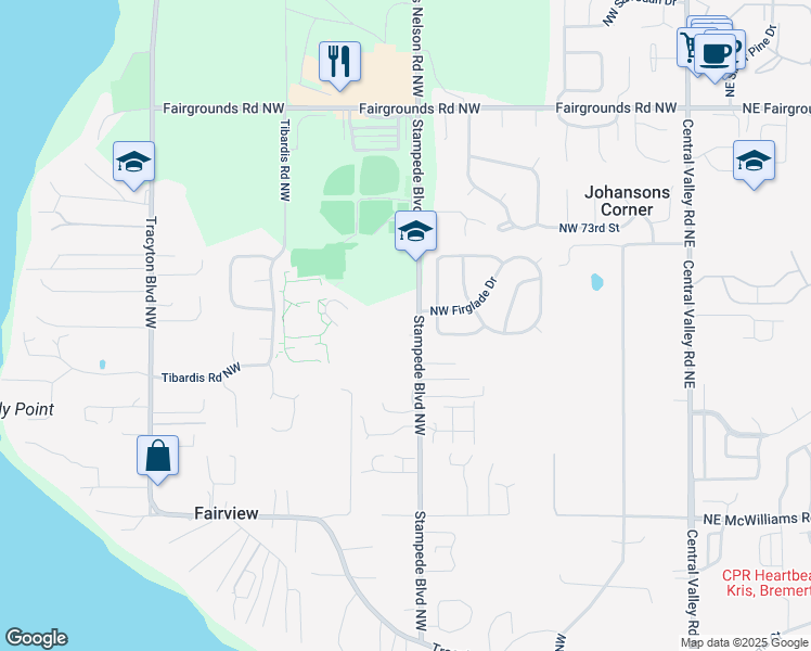 map of restaurants, bars, coffee shops, grocery stores, and more near 6835 Stampede Boulevard Northwest in Bremerton