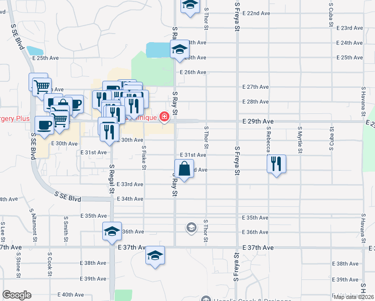 map of restaurants, bars, coffee shops, grocery stores, and more near 3309 East 31st Avenue in Spokane