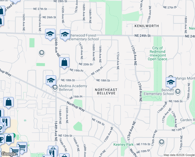 map of restaurants, bars, coffee shops, grocery stores, and more near 16840 Northeast 18th Street in Bellevue