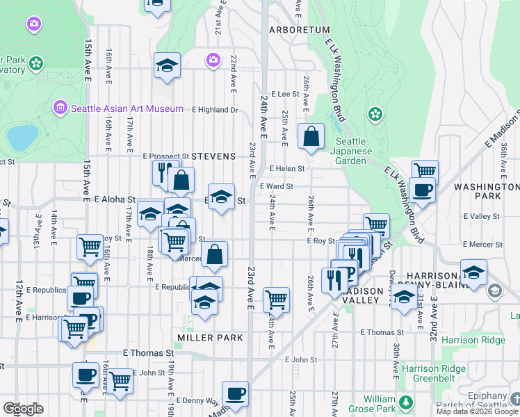 map of restaurants, bars, coffee shops, grocery stores, and more near in Seattle