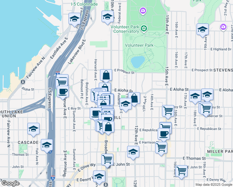 map of restaurants, bars, coffee shops, grocery stores, and more near 871 11th Avenue East in Seattle