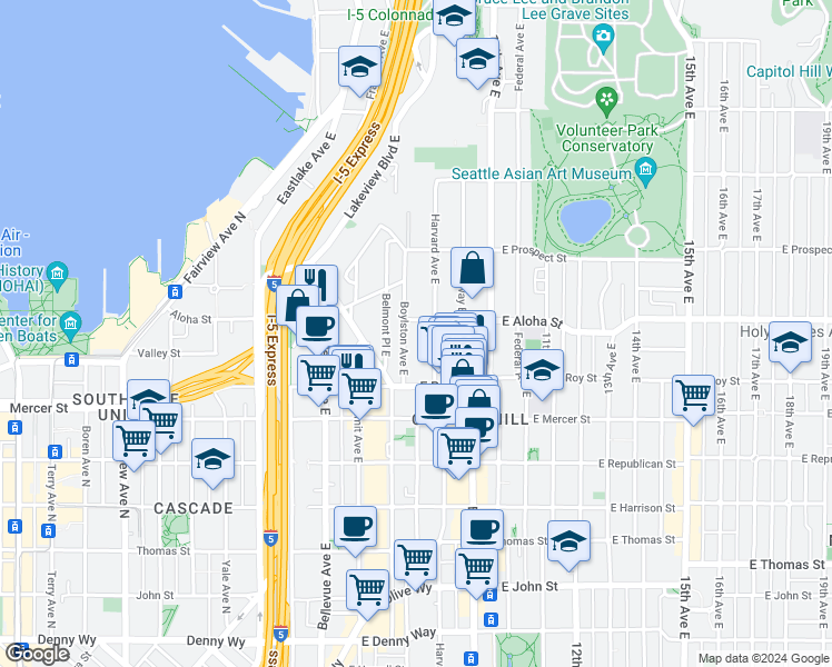 map of restaurants, bars, coffee shops, grocery stores, and more near 745 Boylston Avenue East in Seattle