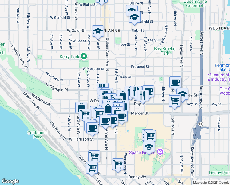 map of restaurants, bars, coffee shops, grocery stores, and more near 8 Valley Street in Seattle