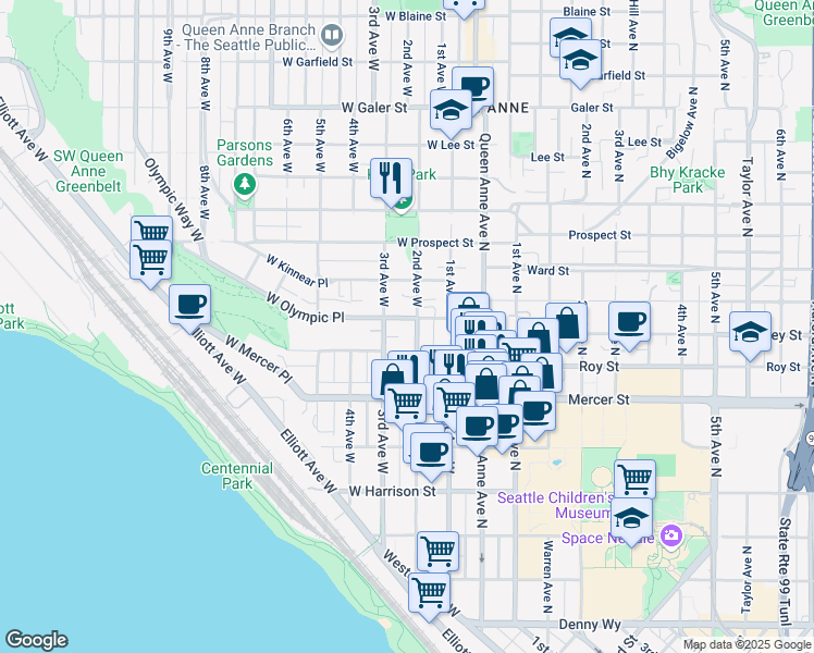 map of restaurants, bars, coffee shops, grocery stores, and more near in Seattle