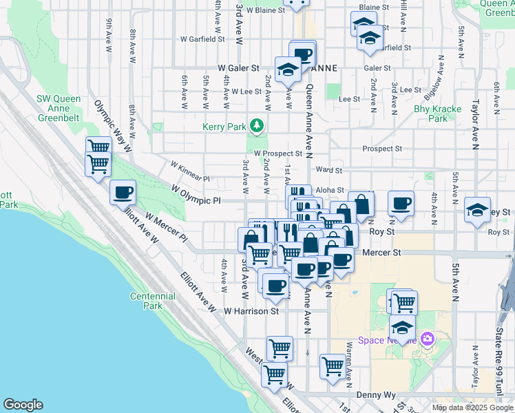 map of restaurants, bars, coffee shops, grocery stores, and more near in Seattle