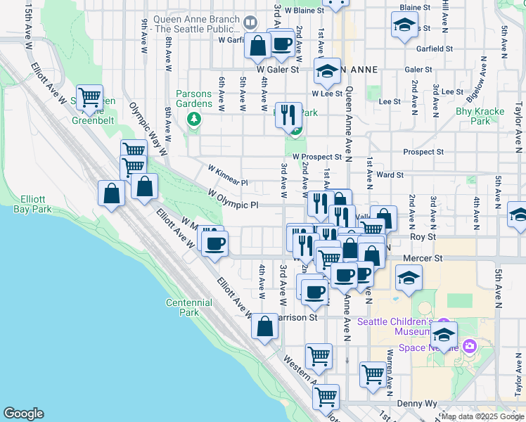 map of restaurants, bars, coffee shops, grocery stores, and more near 341 West Olympic Place in Seattle