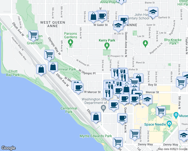 map of restaurants, bars, coffee shops, grocery stores, and more near 341 West Olympic Place in Seattle