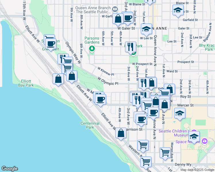 map of restaurants, bars, coffee shops, grocery stores, and more near 515 West Olympic Place in Seattle
