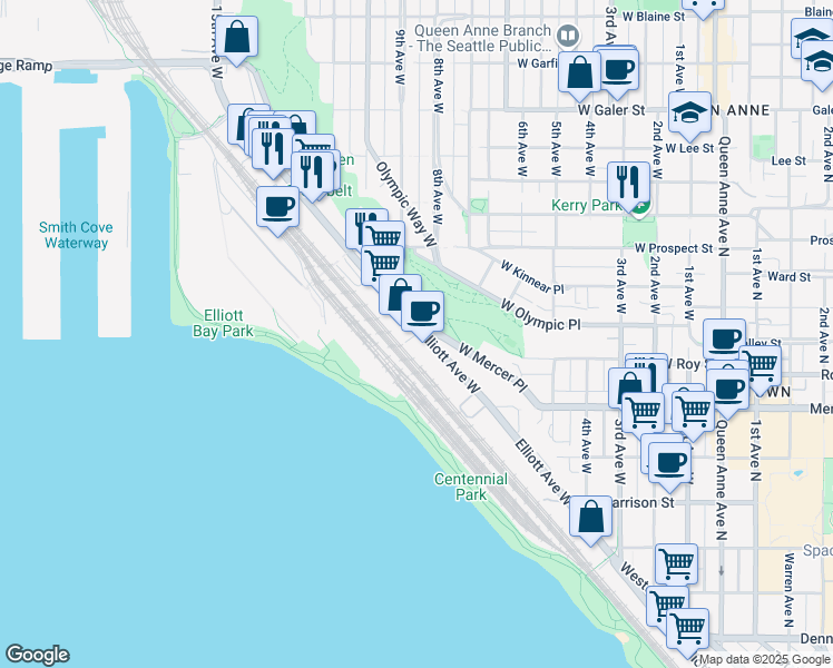 map of restaurants, bars, coffee shops, grocery stores, and more near in Seattle