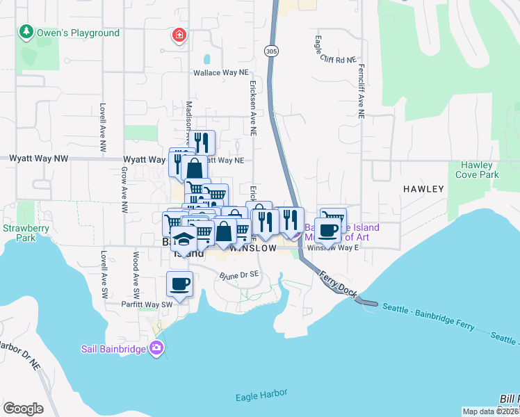 map of restaurants, bars, coffee shops, grocery stores, and more near 292 Ericksen Avenue Northeast in Bainbridge Island
