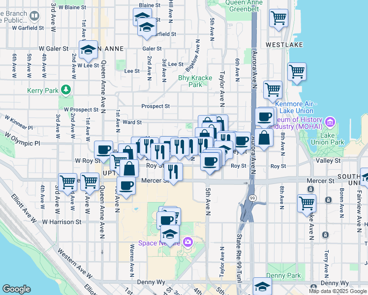 map of restaurants, bars, coffee shops, grocery stores, and more near 384 Valley Street in Seattle