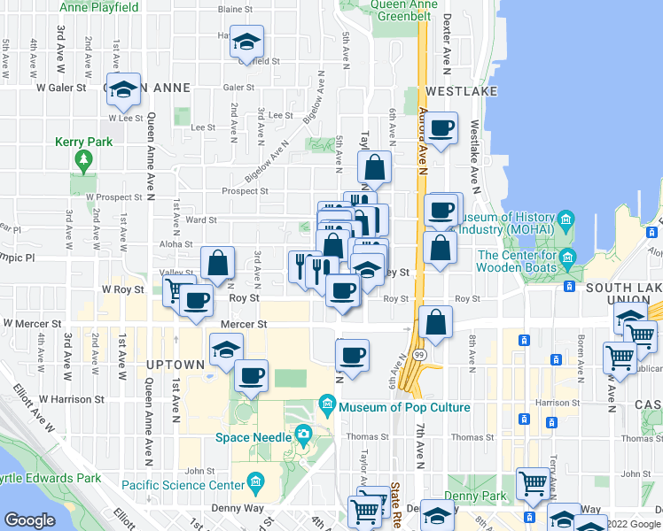 map of restaurants, bars, coffee shops, grocery stores, and more near 802 5th Avenue North in Seattle
