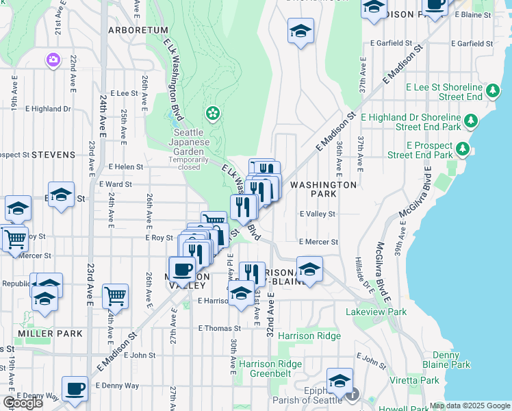 map of restaurants, bars, coffee shops, grocery stores, and more near 3100 East Madison Street in Seattle