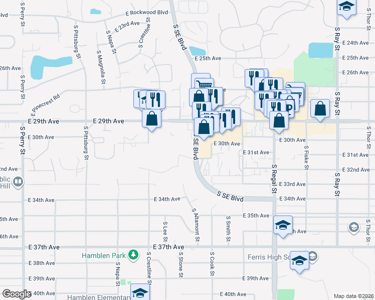 map of restaurants, bars, coffee shops, grocery stores, and more near 3202 South Cook Street in Spokane