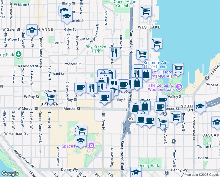 map of restaurants, bars, coffee shops, grocery stores, and more near 805 Taylor Avenue North in Seattle