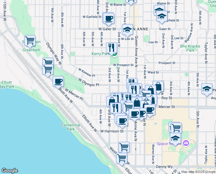 map of restaurants, bars, coffee shops, grocery stores, and more near 303 West Olympic Place in Seattle