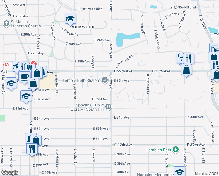 map of restaurants, bars, coffee shops, grocery stores, and more near 3020 South Perry Street in Spokane
