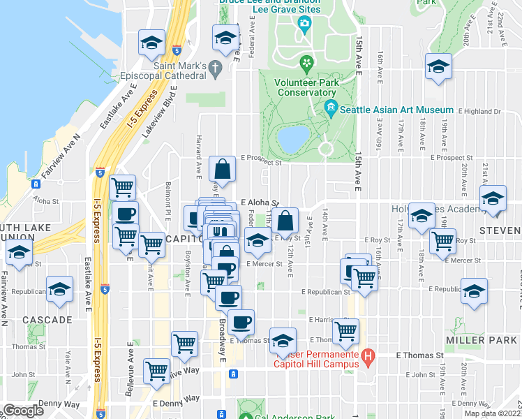 map of restaurants, bars, coffee shops, grocery stores, and more near 871 11th Avenue East in Seattle