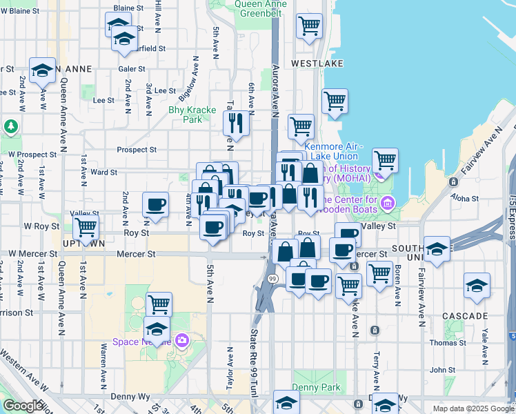 map of restaurants, bars, coffee shops, grocery stores, and more near 810 6th Avenue North in Seattle