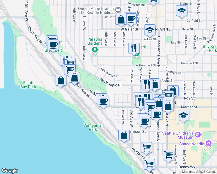 map of restaurants, bars, coffee shops, grocery stores, and more near 515 West Olympic Place in Seattle