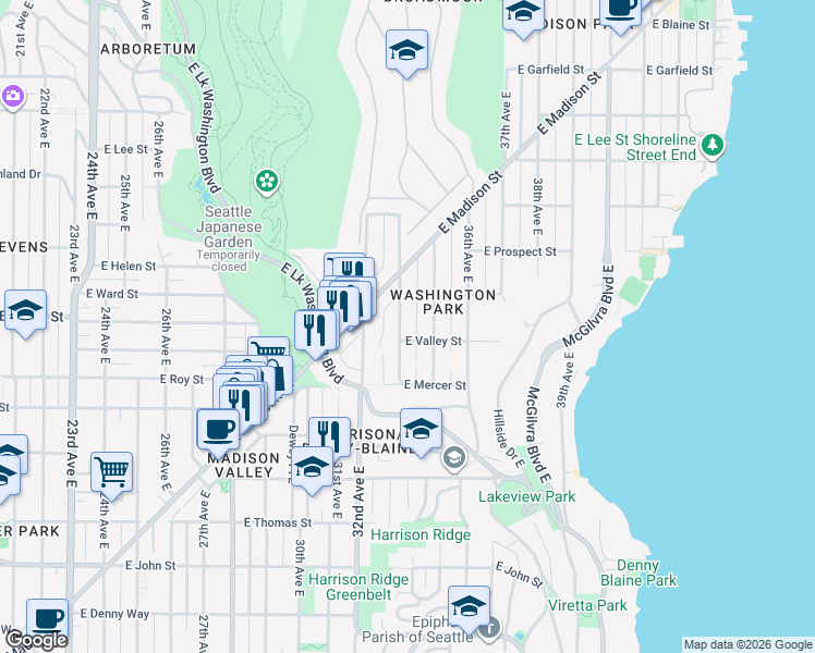map of restaurants, bars, coffee shops, grocery stores, and more near 808 33rd Avenue East in Seattle