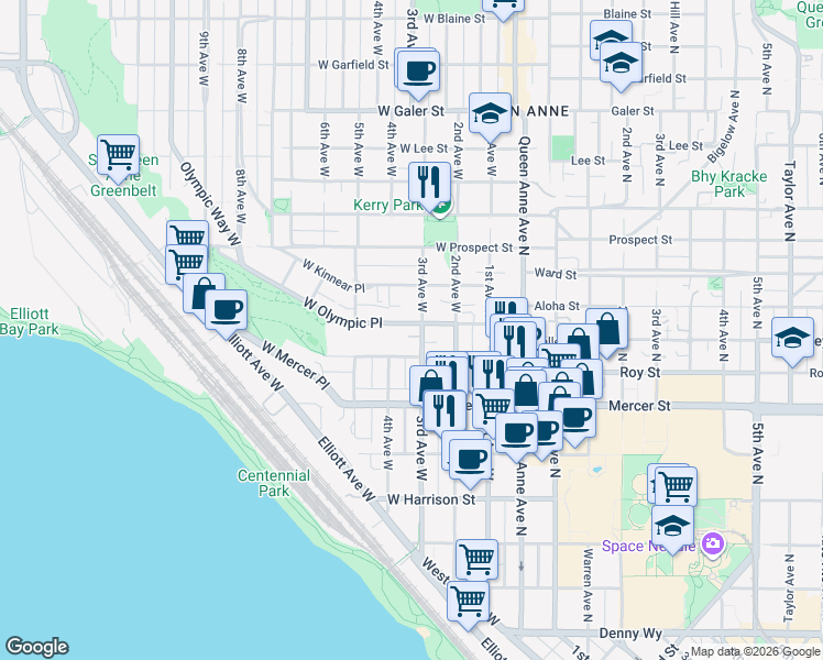map of restaurants, bars, coffee shops, grocery stores, and more near 307 West Olympic Place in Seattle
