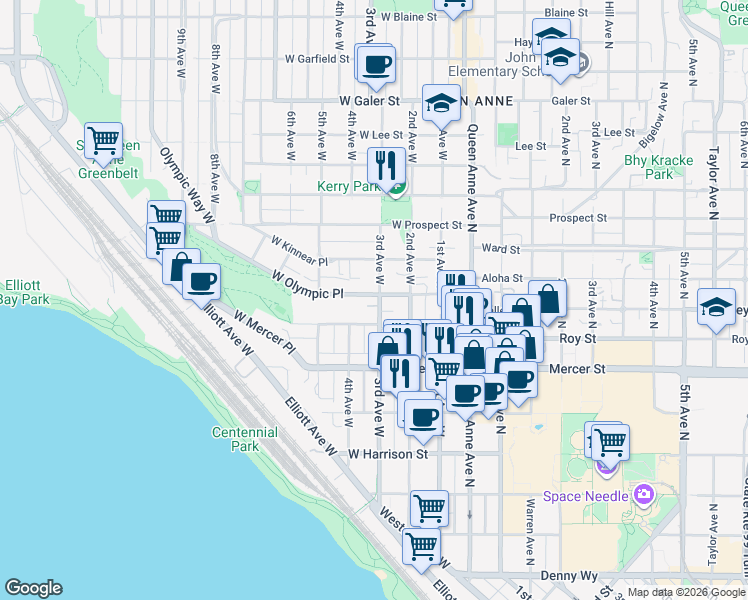 map of restaurants, bars, coffee shops, grocery stores, and more near in Seattle