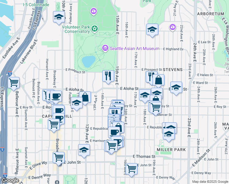 map of restaurants, bars, coffee shops, grocery stores, and more near 815 15th Avenue East in Seattle