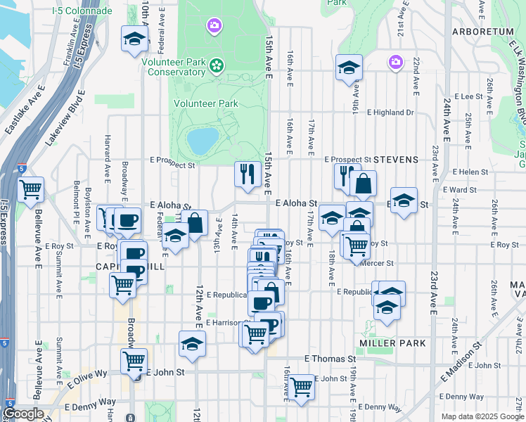 map of restaurants, bars, coffee shops, grocery stores, and more near 815 15th Avenue East in Seattle
