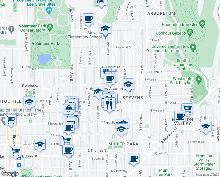 map of restaurants, bars, coffee shops, grocery stores, and more near 746 19th Avenue East in Seattle