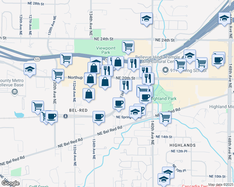 map of restaurants, bars, coffee shops, grocery stores, and more near 1805 136th Place Northeast in Bellevue