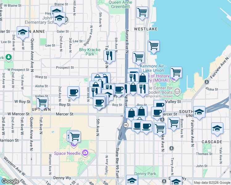 map of restaurants, bars, coffee shops, grocery stores, and more near 809 6th Avenue North in Seattle