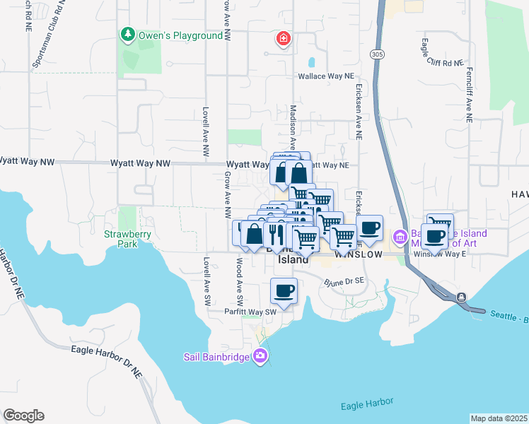 map of restaurants, bars, coffee shops, grocery stores, and more near 217 Shepard Way Northwest in Bainbridge Island