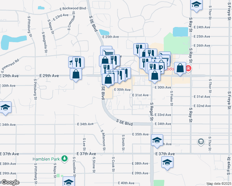 map of restaurants, bars, coffee shops, grocery stores, and more near 2522 East 29th Avenue in Spokane