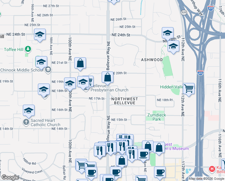 map of restaurants, bars, coffee shops, grocery stores, and more near 1748 Bellevue Way Northeast in Bellevue