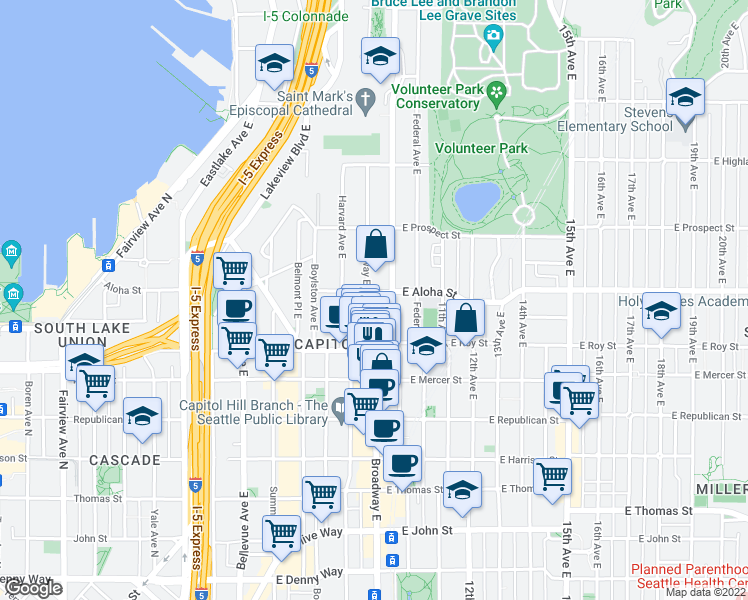 map of restaurants, bars, coffee shops, grocery stores, and more near 739 10th Avenue East in Seattle